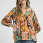 Umgee Multicolor Abstract Floral Print Blouse with Ruffle Neck - DAVERRI FASHIONS