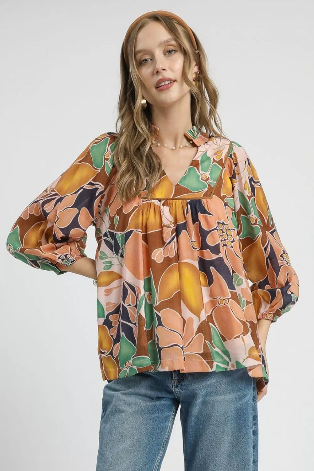 NAVY MIX Umgee Multicolor Abstract Floral Print Blouse with Ruffle Neck | Daverri Fashions