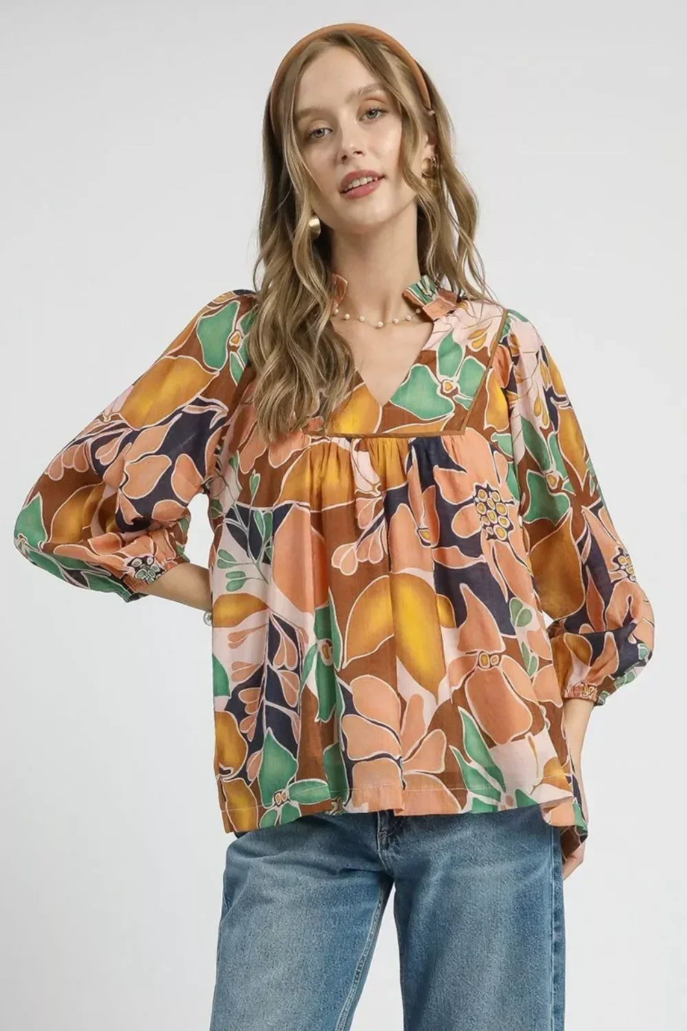 Umgee Multicolor Abstract Floral Print Blouse with Ruffle Neck - DAVERRI FASHIONS