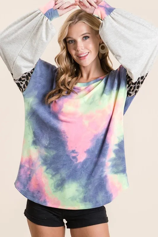 BiBi Tie Dye Terry Top with Contrast Puff Sleeves Tops