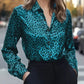 Teal leopard-print satin blouse with collar and buttons