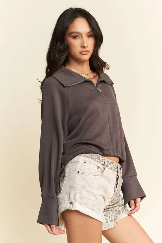 Davi & Dani Drawstring Hem Half Zip Raglan Sleeve Sweatshirt Sweatshirts