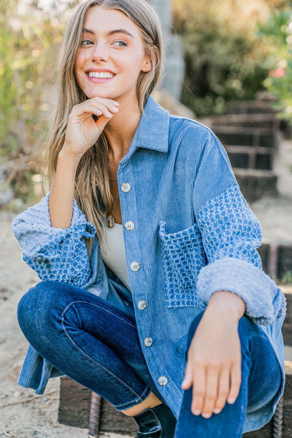 And The Why Button Down Corduroy Contrast Texture Long Sleeve Shacket Shackets
