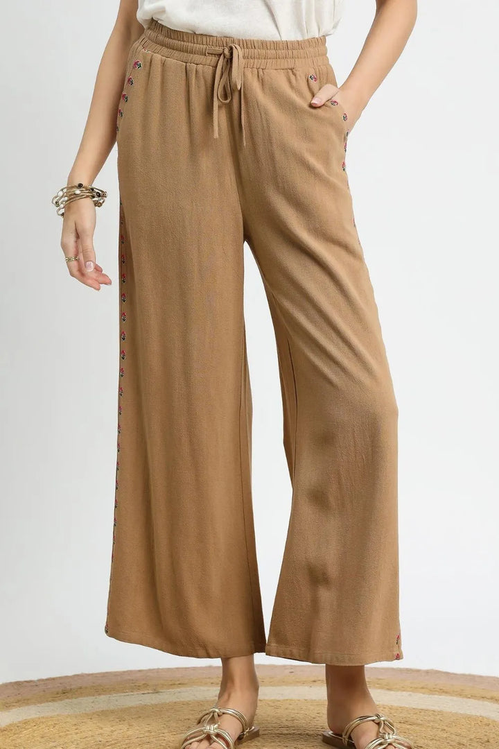 Umgee Wide Leg Drawstring Pants Camel Pants