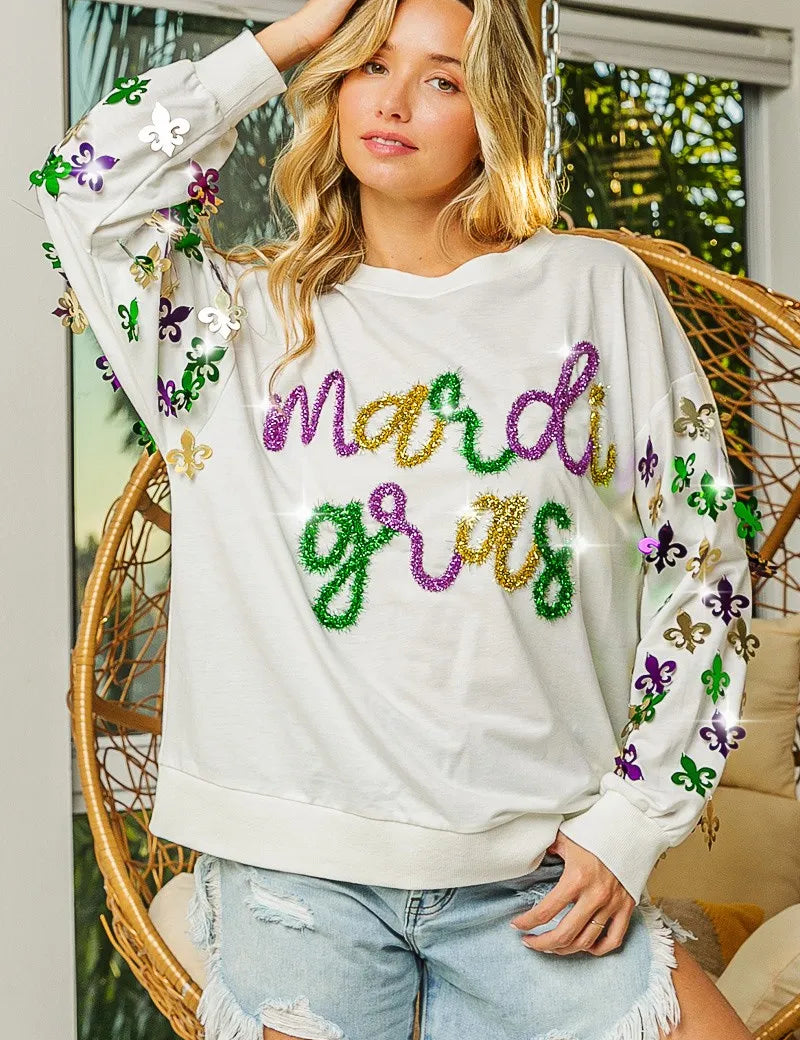BiBi Fleur De Lis Sleeve Mardi Gras Pullover | Daverri Fashions