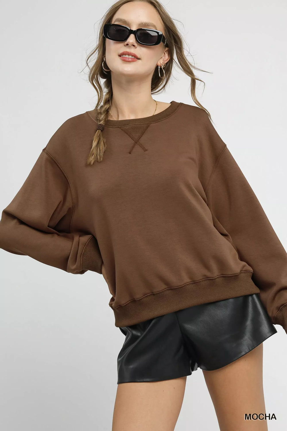 Umgee Round Neck Long Sleeve Fleece Sweatshirt | Sweatshirts Daverri Fashions