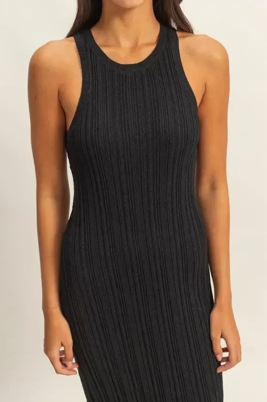 HYFVE Black Round Neck Black Bodycon Ribbed Knit Dress - DAVERRI FASHIONS