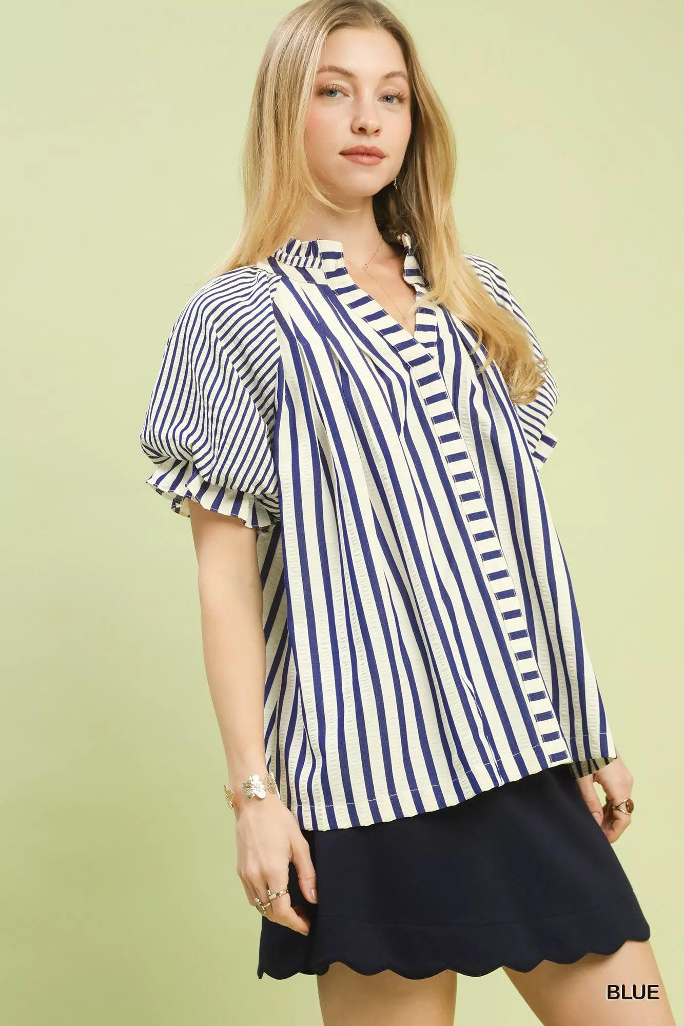 Blue and white striped Umgee blouse with ruffled short flutter sleeves