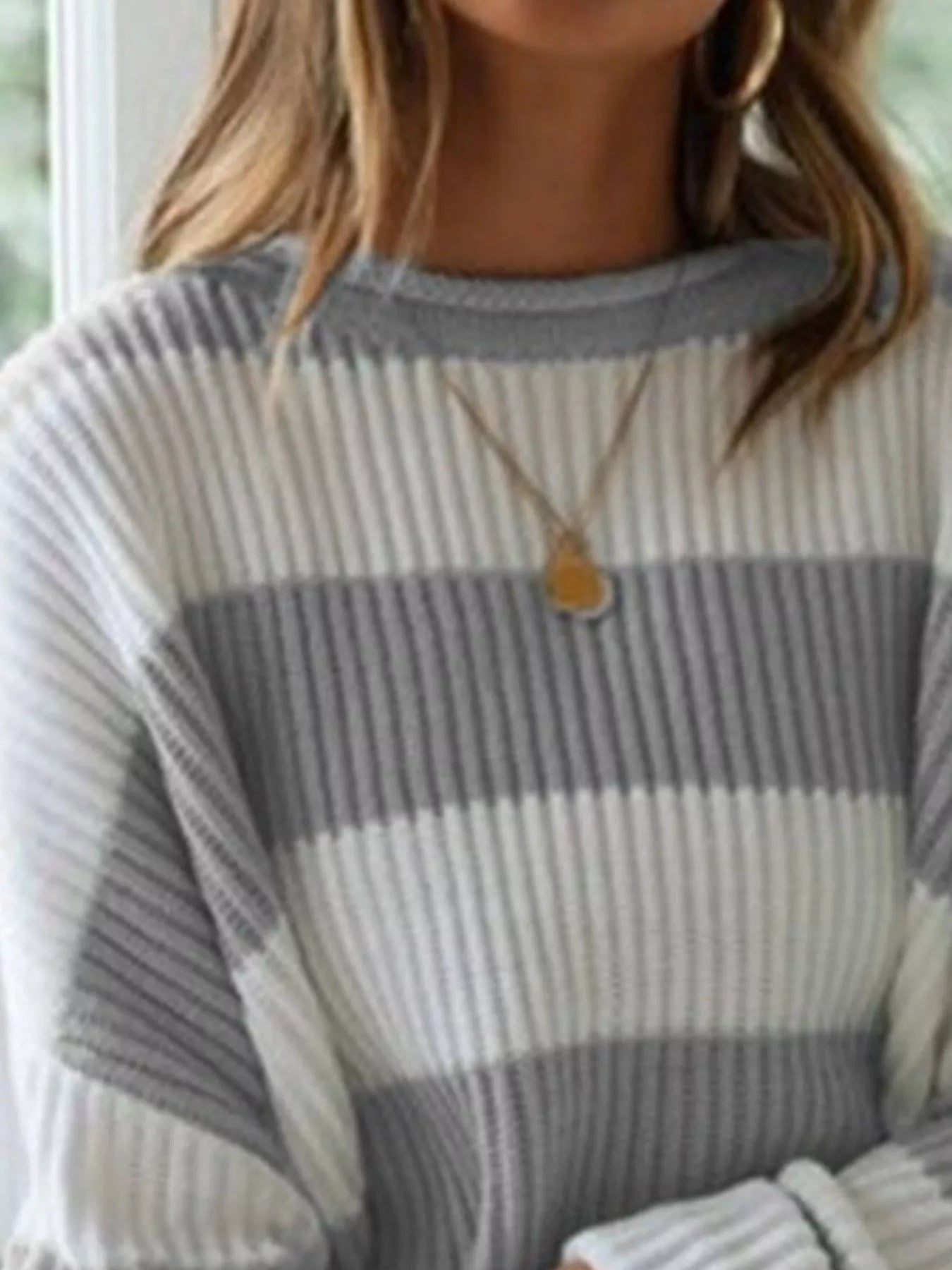 Cozy ribbed knit plus size striped sweater in gray and off-white