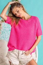 BiBi Texture Round Neck Short Sleeve Knit Top Fuchsia Shirts & Tops