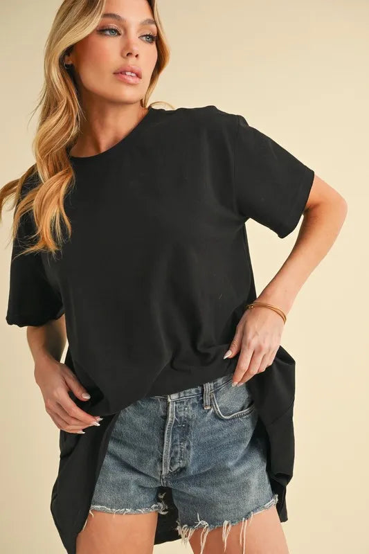Aemi+Co Round Neck Short Sleeve Oversized T-Shirt BLACK