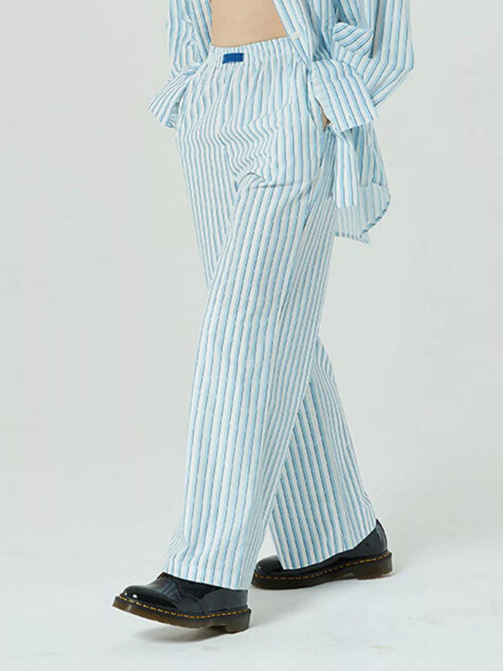 Sky Blue Stripes Elastic Waist Wide Leg Pants | Loungewear Pants Daverri Fashions