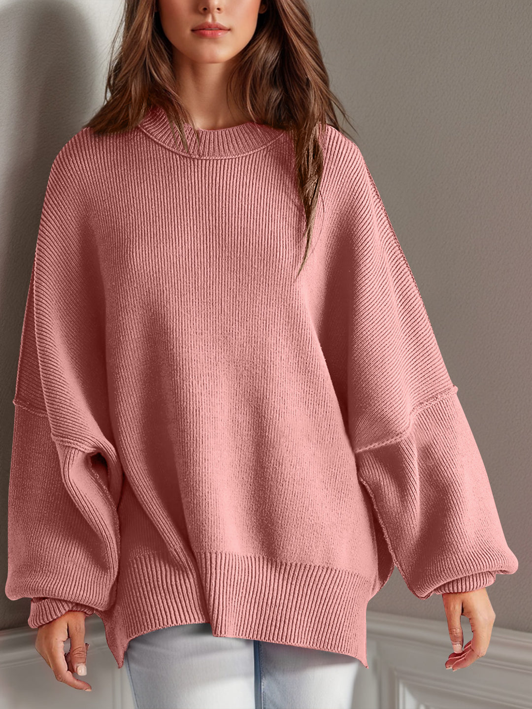 Side Slit Round Neck Long Sleeve Sweater Dusty Pink Tops