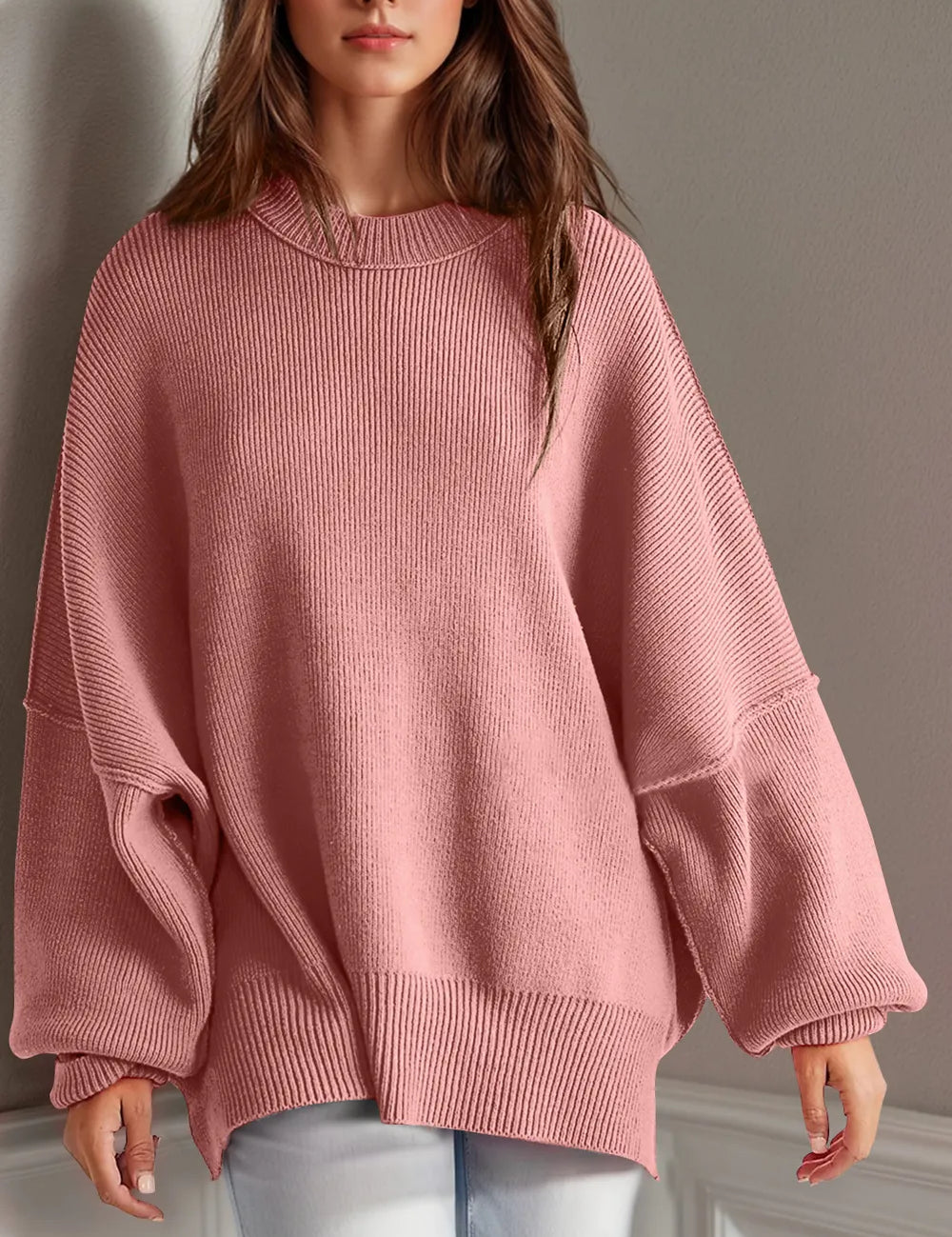 Dusty Pink Side Slit Round Neck Long Sleeve Sweater | Sweaters Daverri Fashions