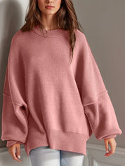 Dusty Pink Side Slit Round Neck Long Sleeve Sweater | Sweaters Daverri Fashions