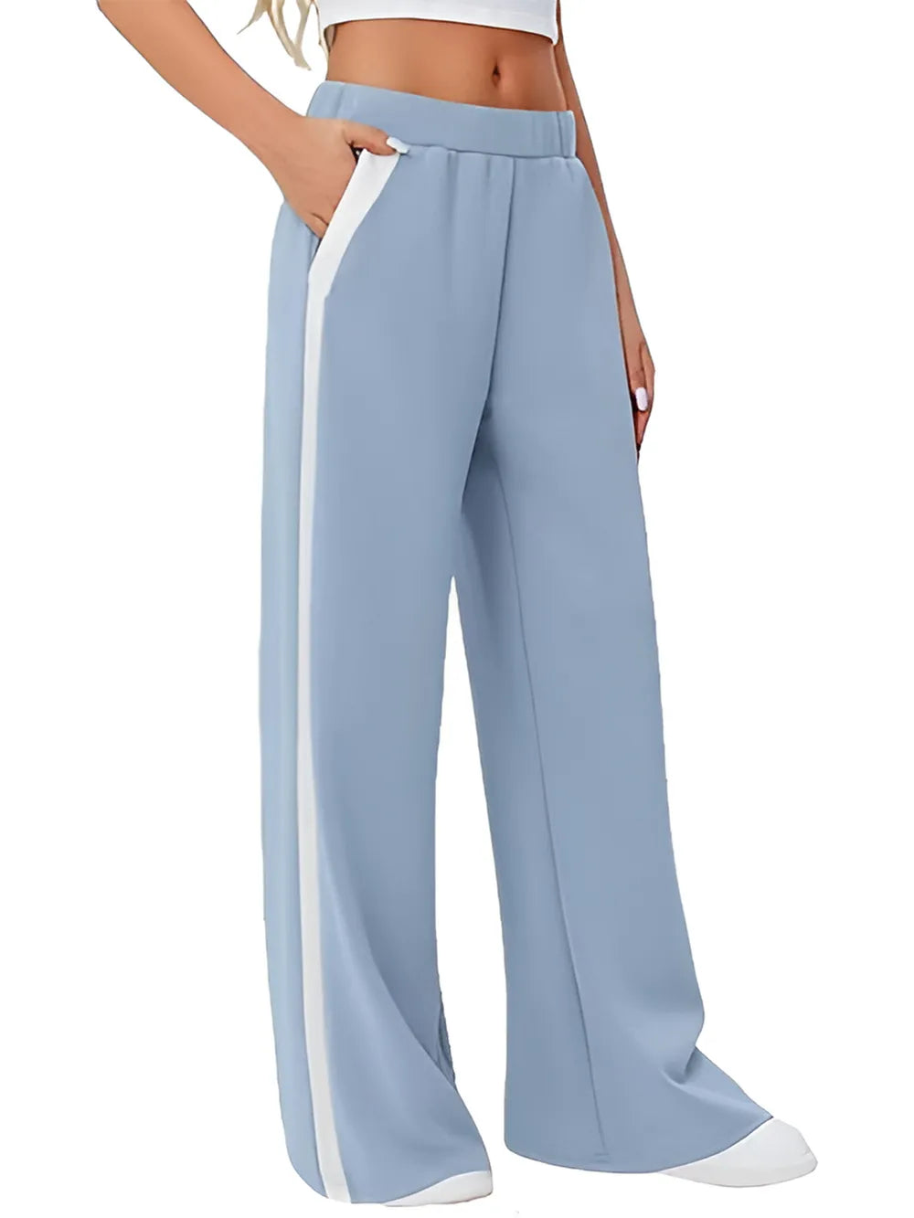 Light blue Side Striped Wide Leg Pants with white side stripe