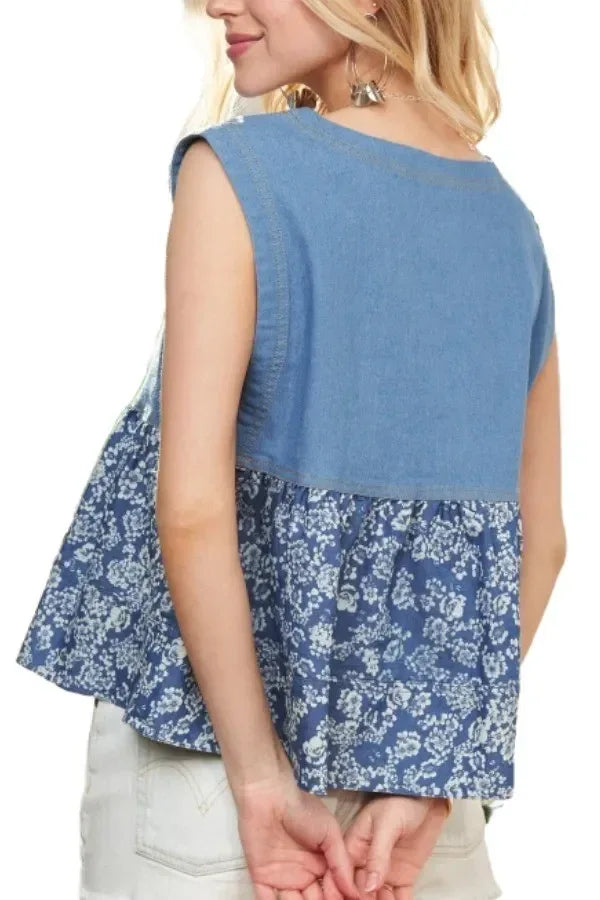 ADORA Sleeveless Denim Contrast Top - DAVERRI FASHIONS