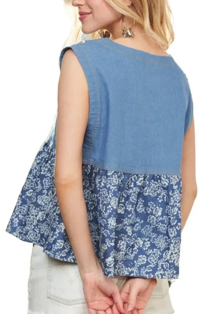 ADORA Sleeveless Denim Contrast Top - DAVERRI FASHIONS