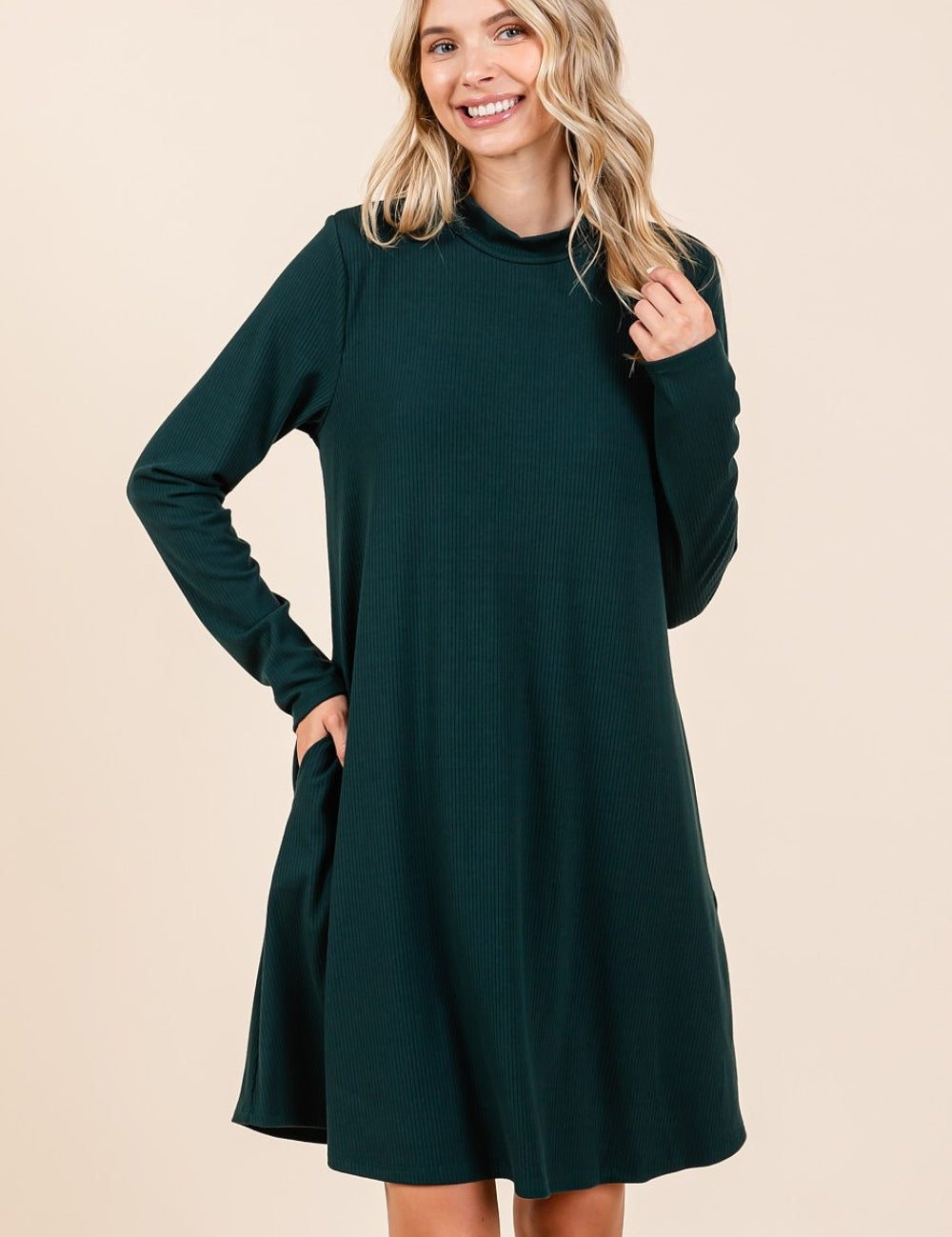 Mittoshop Mock Neck Long Sleeve Dress with Pockets Hunter Green