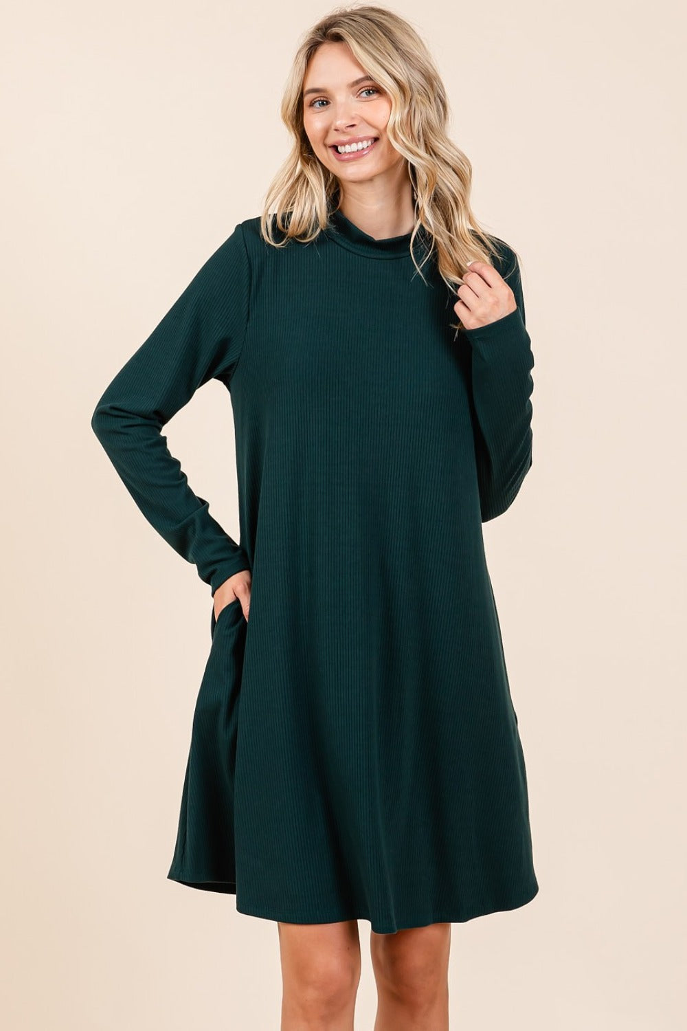 Mittoshop Mock Neck Long Sleeve Dress with Pockets Hunter Green Mini Dresses