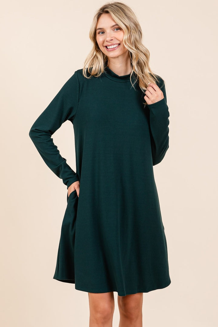 Mittoshop Mock Neck Long Sleeve Dress with Pockets Hunter Green