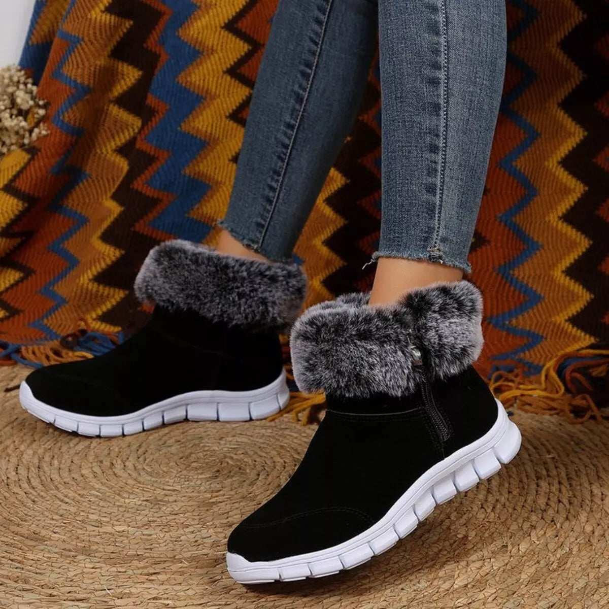 Black Side Zip Faux Fur Boots | Boots Daverri Fashions