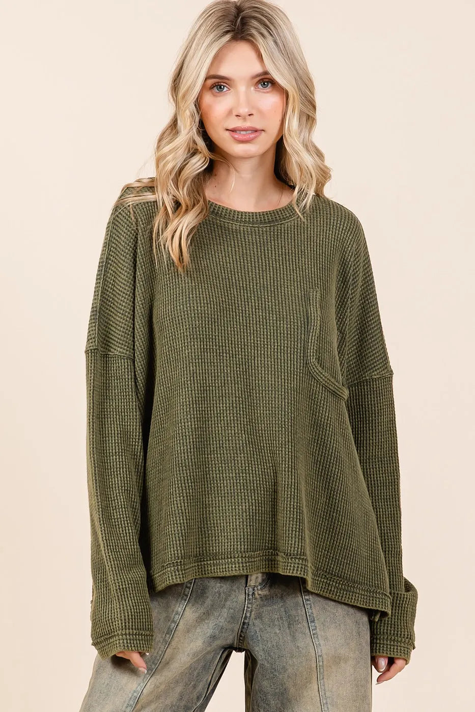 Mittoshop Mineral Wash Cutout Pocket Long Sleeve Waffle Top | Tops Daverri Fashions