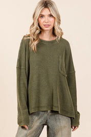 Mittoshop Mineral Wash Cutout Pocket Long Sleeve Waffle Top | Tops Daverri Fashions