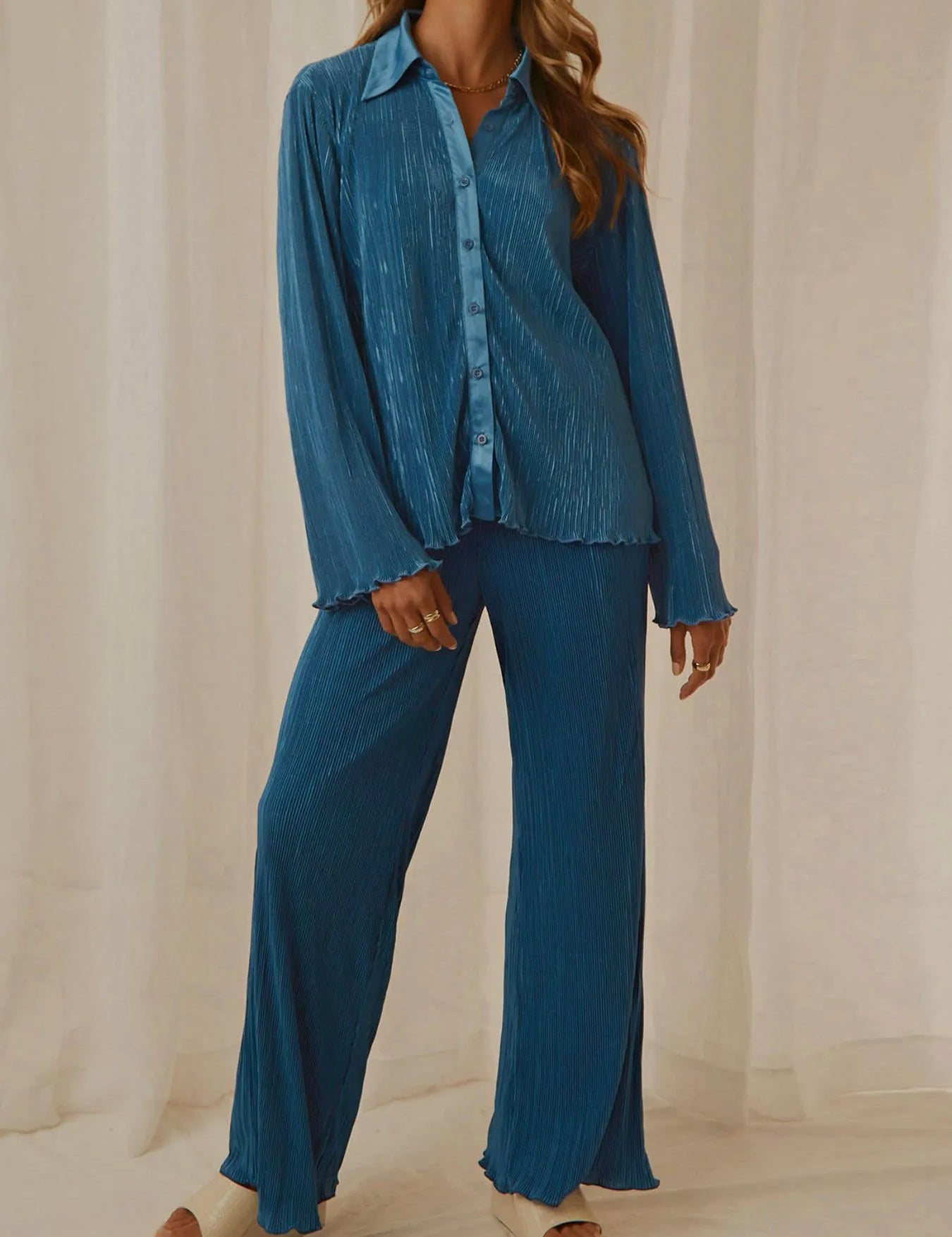Button Up Long Sleeve Top and Pants Set | Loungewear Sets Daverri Fashions