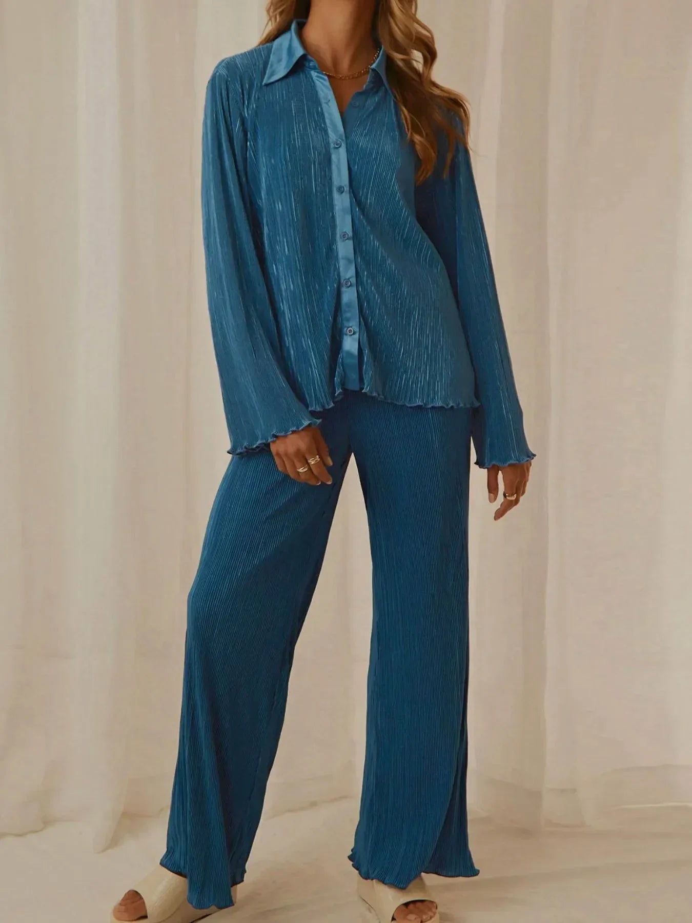 Button Up Long Sleeve Top and Pants Set - DAVERRI FASHIONS