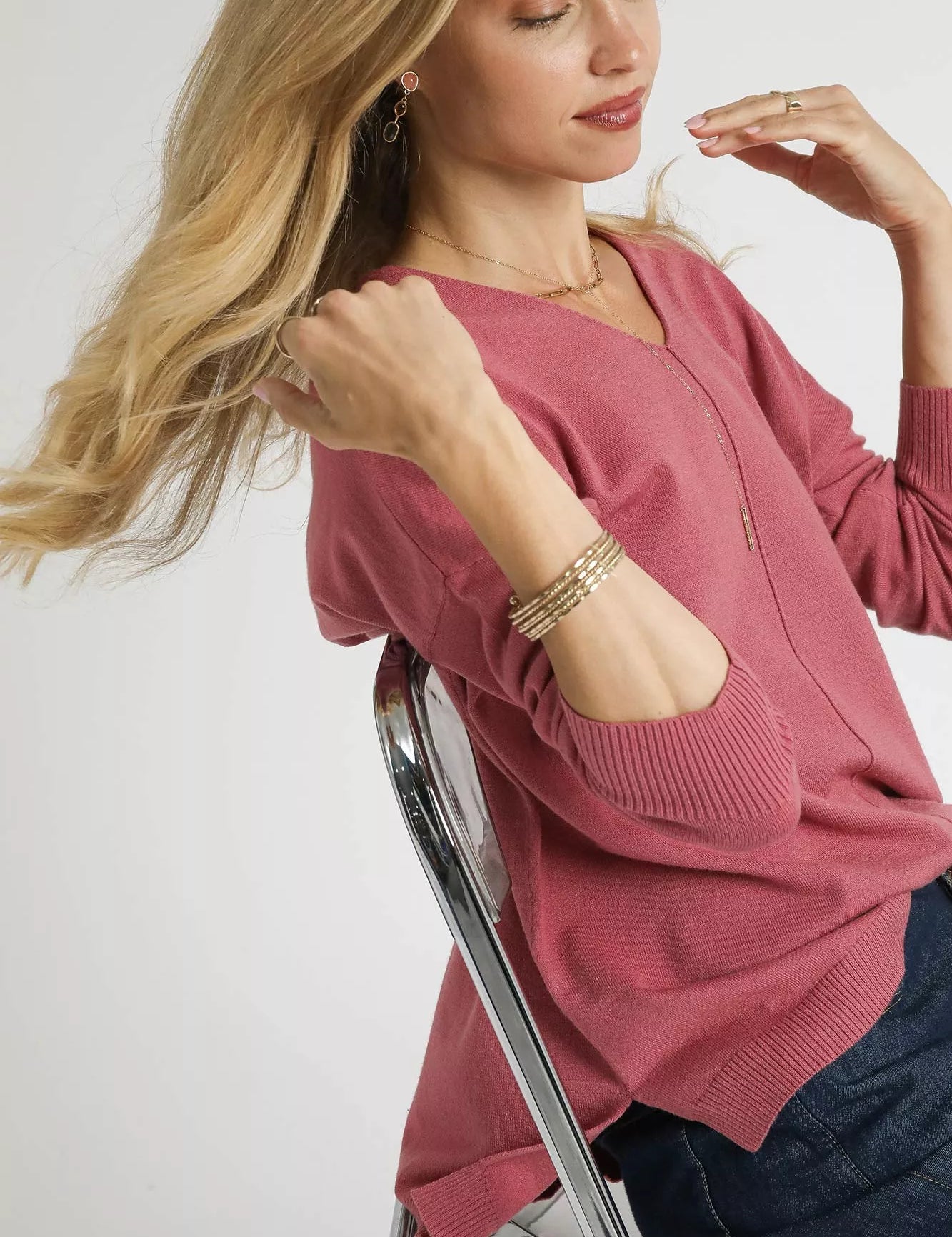 Umgee V-Neck High Low Hem Knit Top with Side Slit | Knit Tops Daverri Fashions
