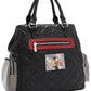 Nicole Lee USA eco-leather handbag with black quilted design, red zipper, gray side pockets, Nikky USA patch
