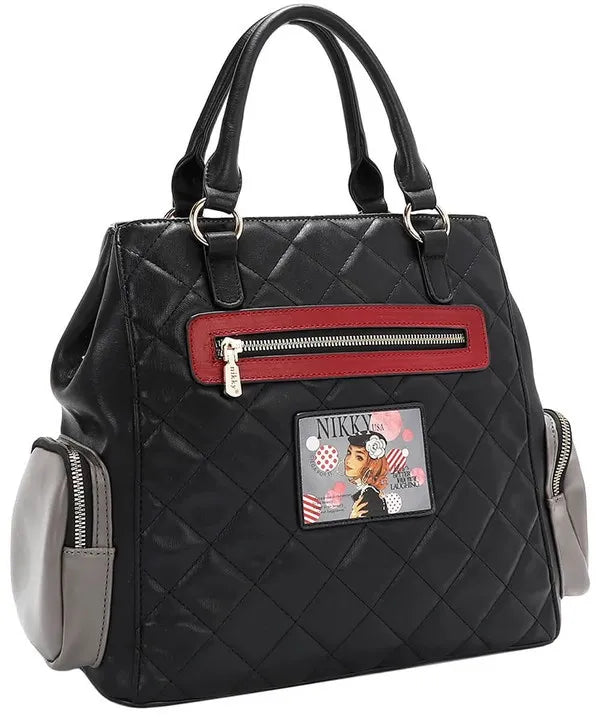 Nicole Lee USA eco-leather handbag with black quilted design, red zipper, gray side pockets, Nikky USA patch