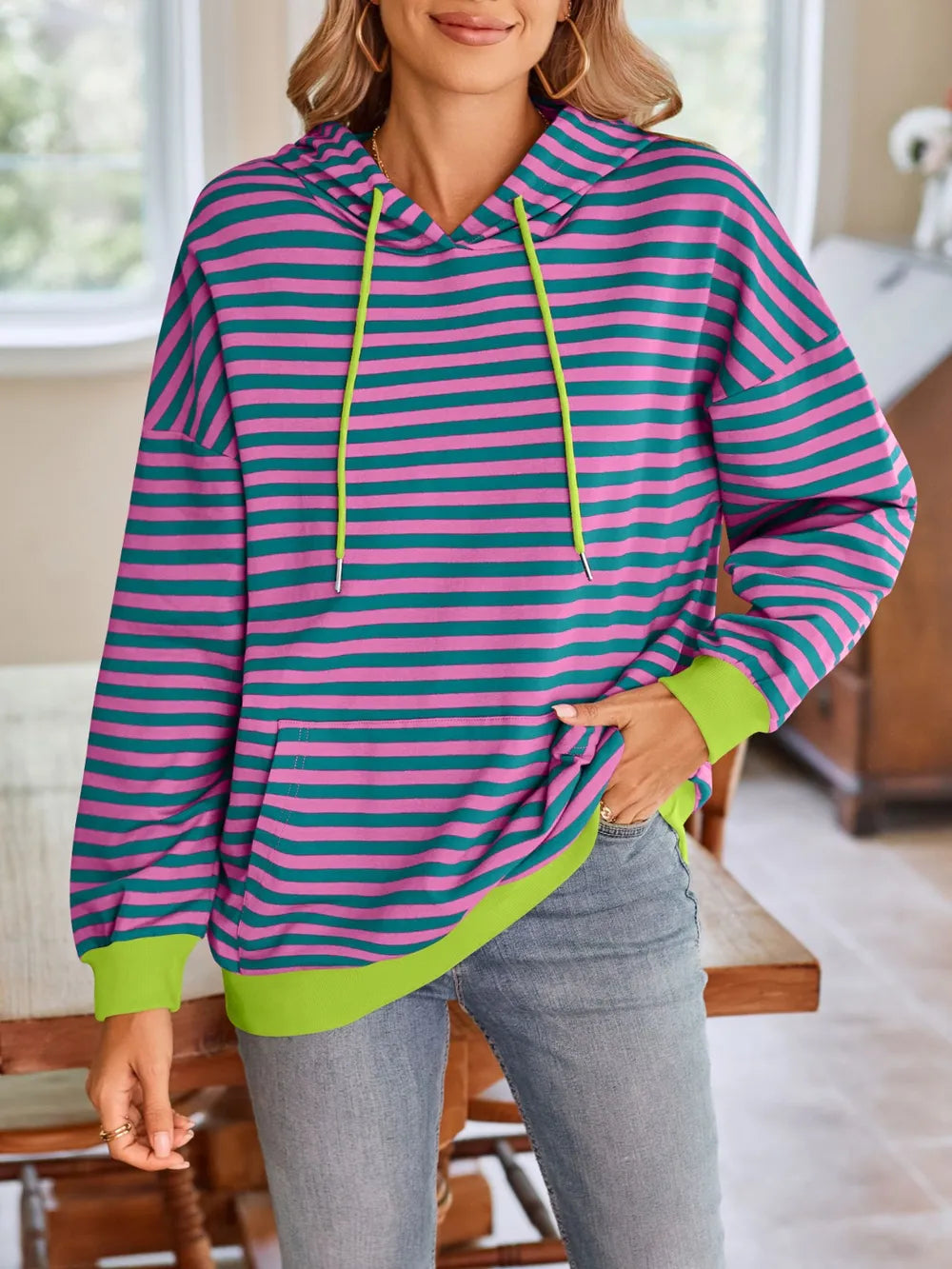 Red-Violet Lovelet Drawstring Striped Long Sleeve Hoodie | Hoodies Daverri Fashions