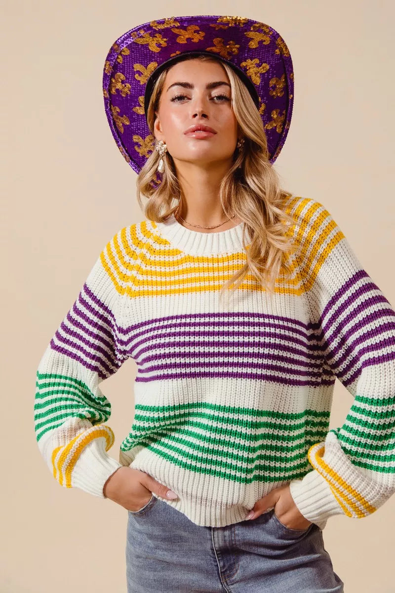 Vibrant SO ME Mardi Gras striped raglan sweater in purple, yellow, green, white