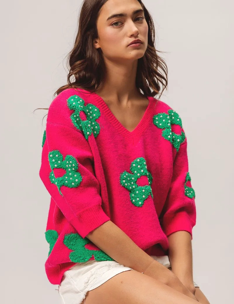FUCHSIA JADE BiBi Pearl Beads Flowers Sweater Top | Sweaters Daverri Fashions
