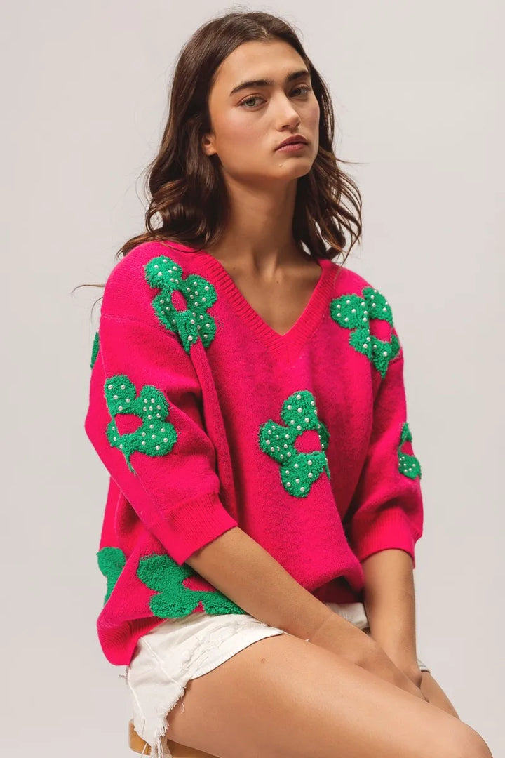BiBi Pearl Beads Flowers Sweater Top FUCHSIA JADE Sweaters