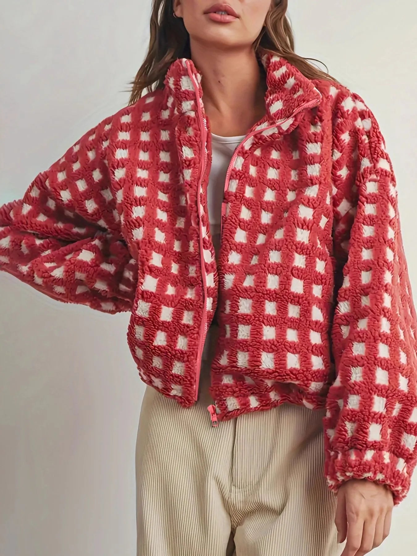 Fleece Checkered Puff Sleeve Bomber Jacket | Jackets Daverri Fashions