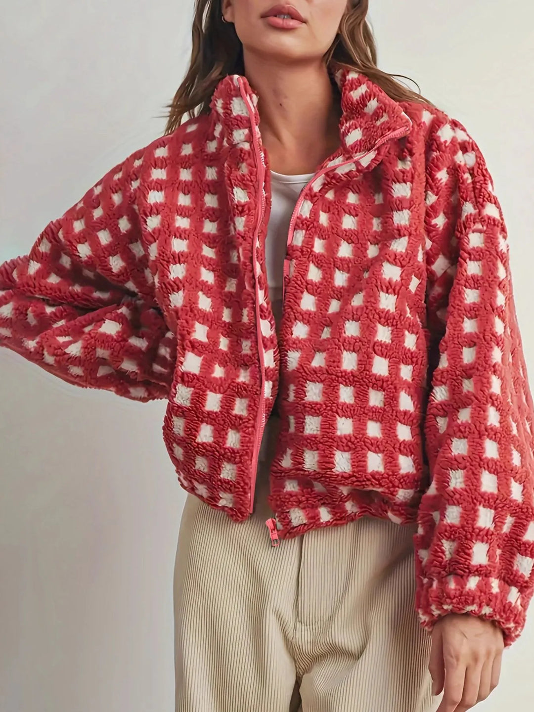 Fleece Checkered Puff Sleeve Bomber Jacket | Jackets Daverri Fashions