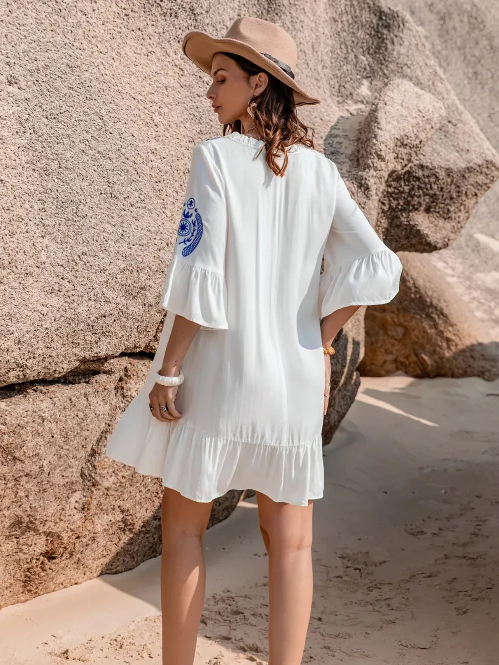 Printed Tie Neck Flounce Sleeve Mini Dress - DAVERRI FASHIONS