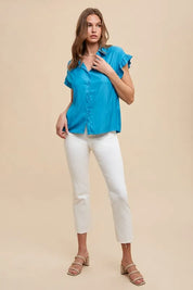 Annie Wear Relaxed Fit Ruffle Sleeve Woven Blouse Top | Tops Daverri Fashions