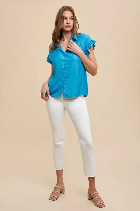 Annie Wear Relaxed Fit Ruffle Sleeve Woven Blouse Top - DAVERRI FASHIONS