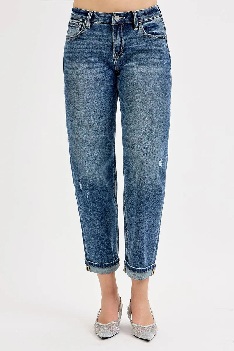 RISEN Full Size Low Rise Crop Boyfriend Jeans DARK Jeans