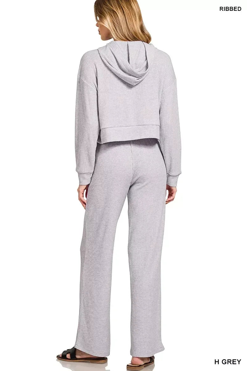 Drop Shoulder Ribbed Crop Hoodie Heather Grey - DAVERRI FASHIONS