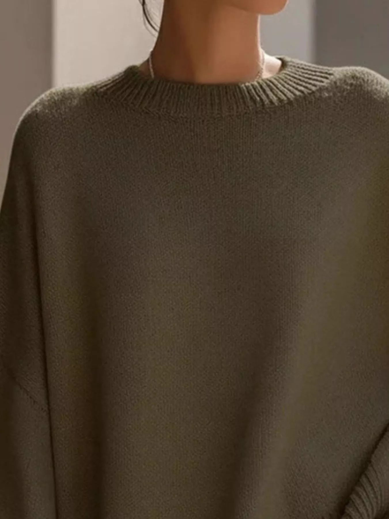 Women’s olive-green oversized batwing sleeve ribbed crew neck sweater