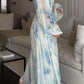 Floral print bohemian maxi dress with balloon sleeves in white and blue