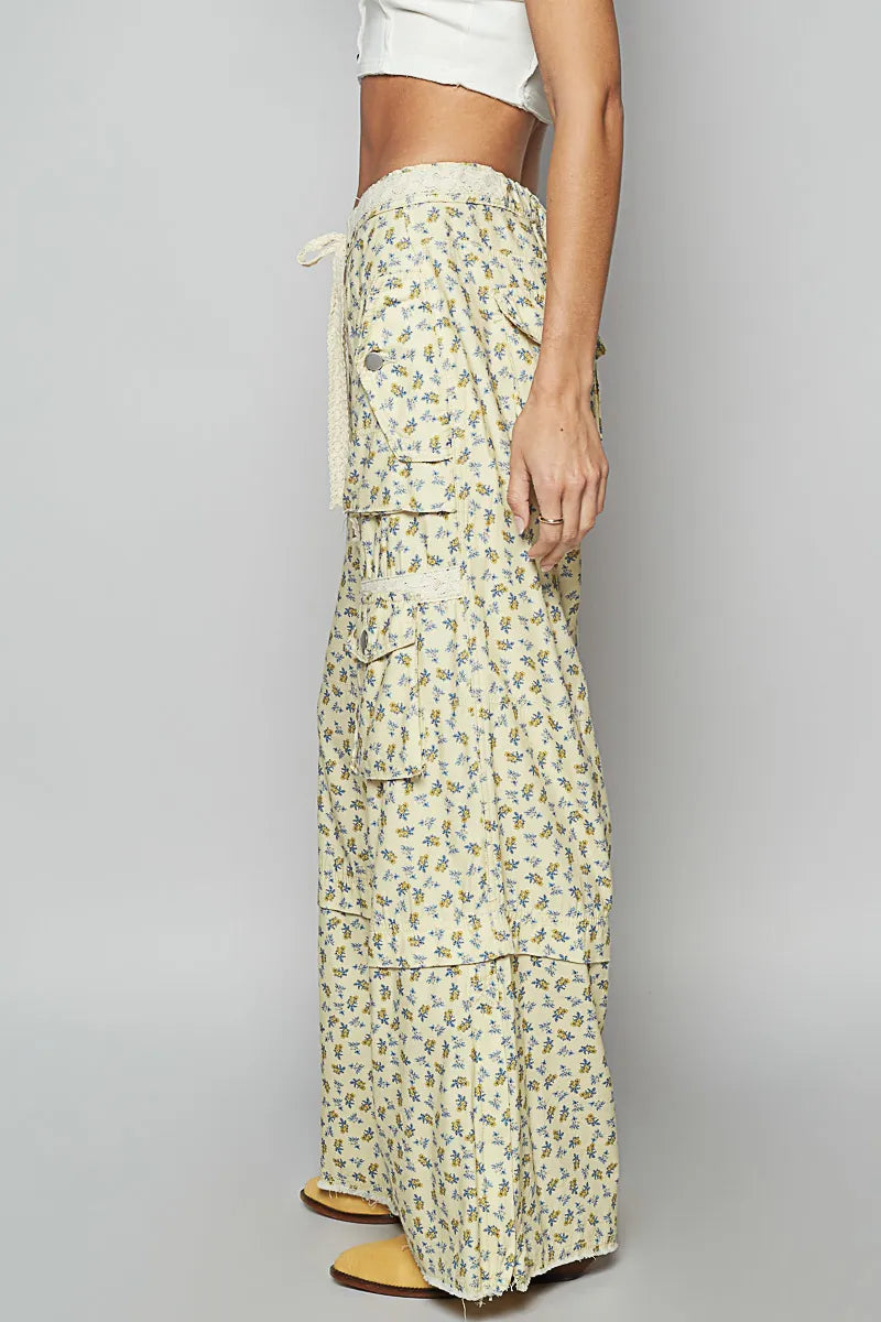 POL Floral Cargo Wide Leg Pants with Lace Drawstring Pants