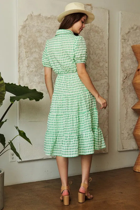 Davi & Dani Checkered Puff Sleeve Tiered Shirt Dress | Knee Length Dresses Daverri Fashions