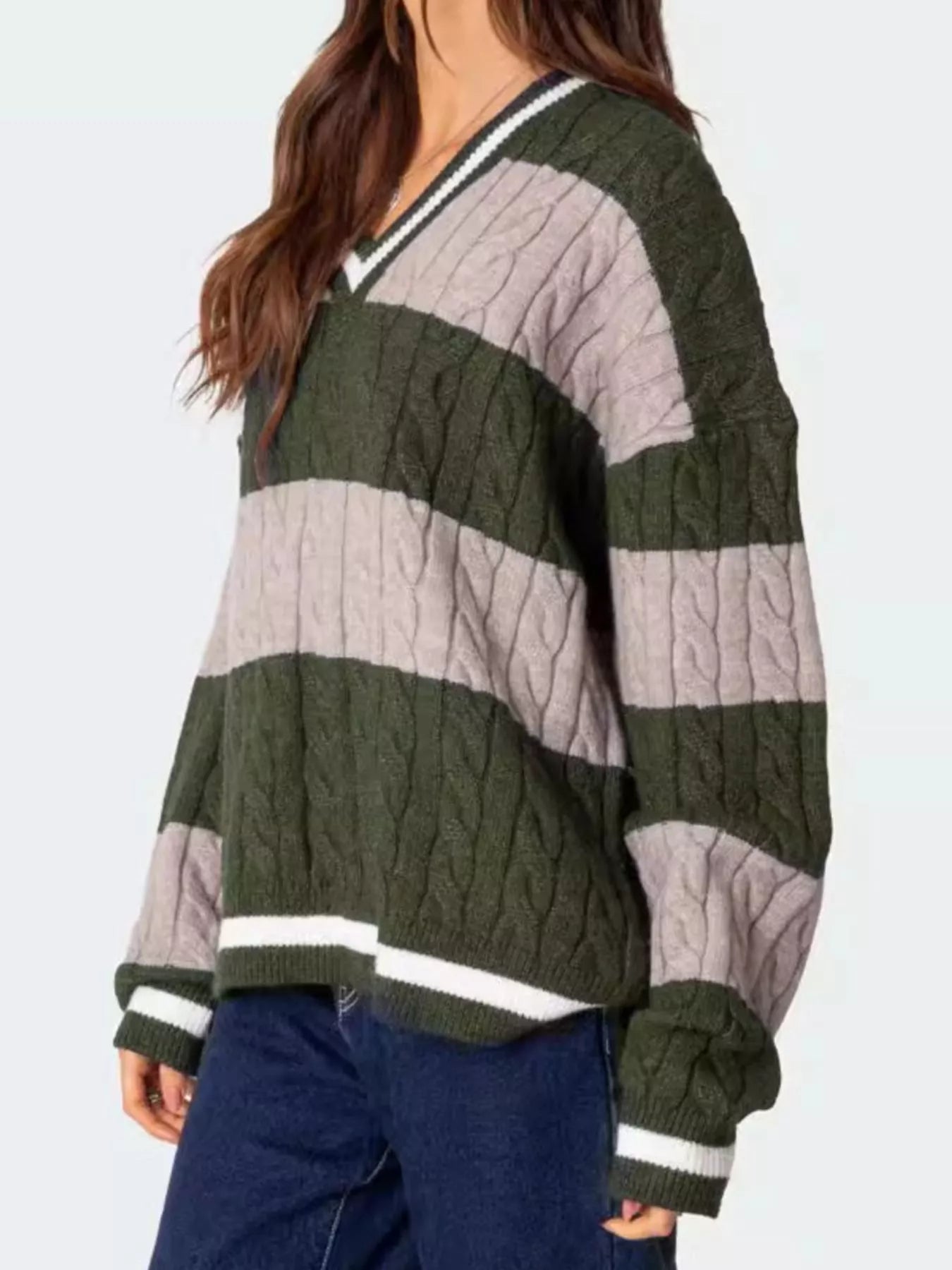 Striped Cable Knit V-Neck Sweater | Sweaters Daverri Fashions
