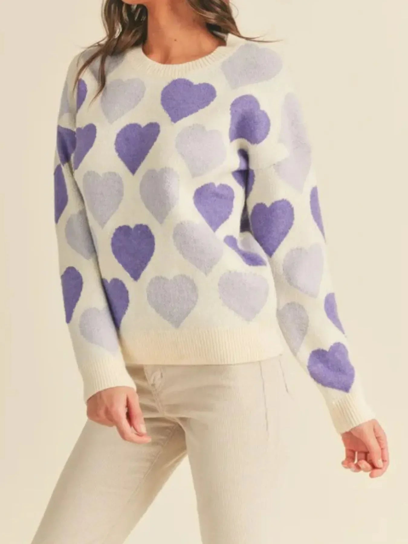 Heart Ribbed Hem Long Sleeve Sweater - DAVERRI FASHIONS